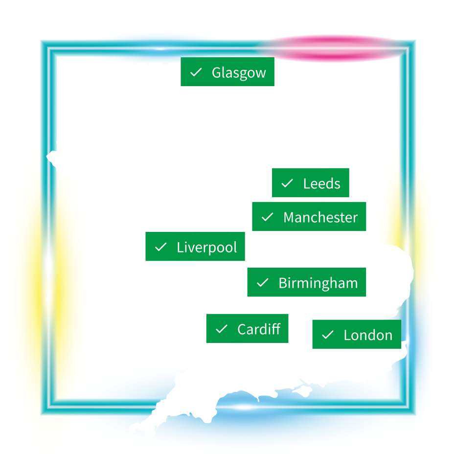 A map of the UK with location pins of where 5G is available.